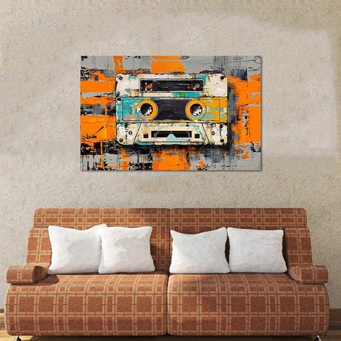 Tape Cassettes Graffiti Canvas Prints, Large Colorful Framed Canvas Paintings Wall Art for Bathroom Bedroom Office Living Room, Abstract Canvas Poster Stretched and Framed Ready to Hang 24"X36"