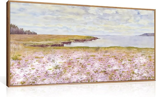 HOURIA Spring Watercolor Pink Floral Coastal Landscape Framed Canvas Wall Art Set,Nature Inspired Wildflower & Meadow Cottage Field Wall Decor,Modern Seaside Beach Artwork for Living Room,Farmhouse-20"x40"x1