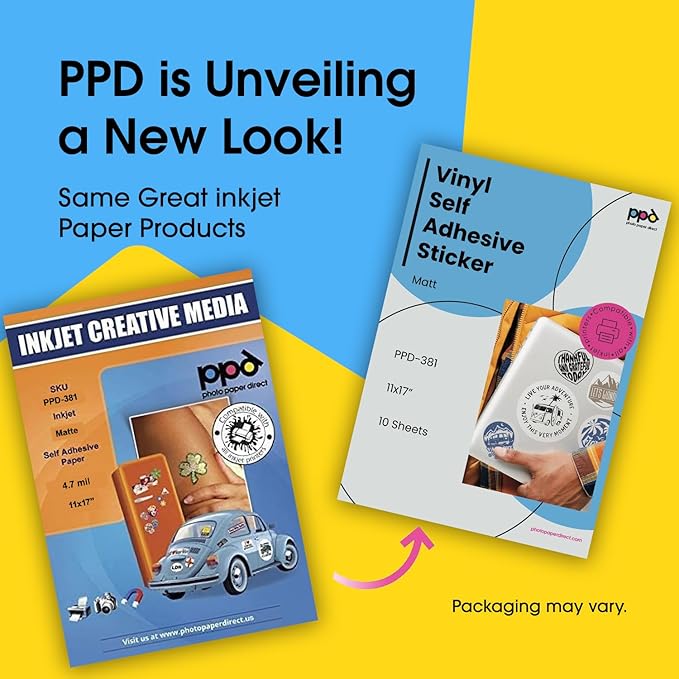 PPD Premium Printable Vinyl Sticker Paper for Inkjet Printer - 10 Sheets Matt Sticker Paper 11 x 17 - Self-Adhesive, Waterproof, Tear Resistant, Instant Dry - PPD-381-10
