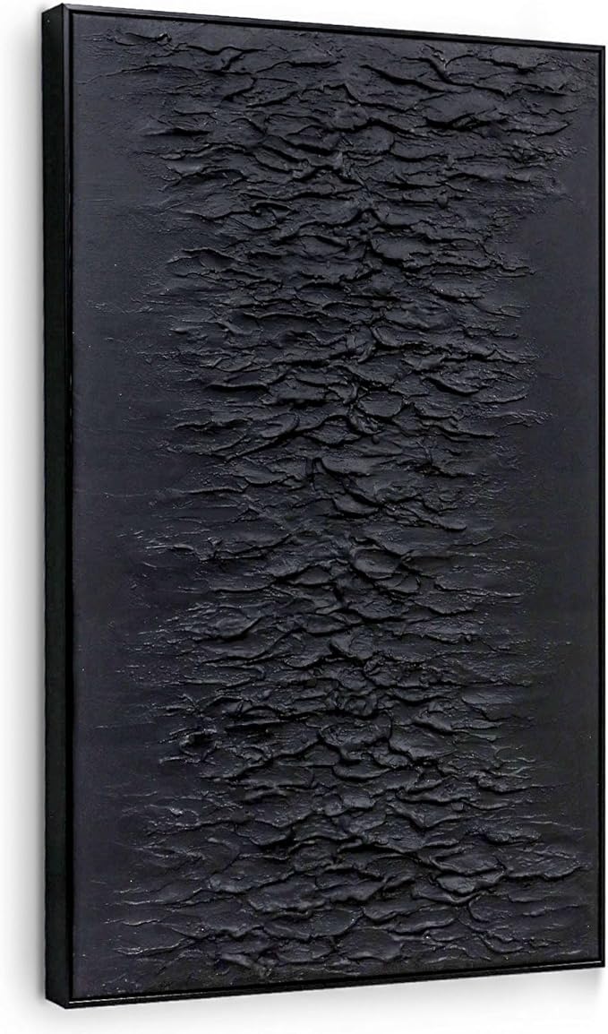 Zessonic Hand-Painted Thick Textured 3D Abstract Wall Art Large Black Texture Minimalist Wall Art - 3D Contemporary Dimensional Home Office Living Room Modern Wall Decor Framed - 24"x36"