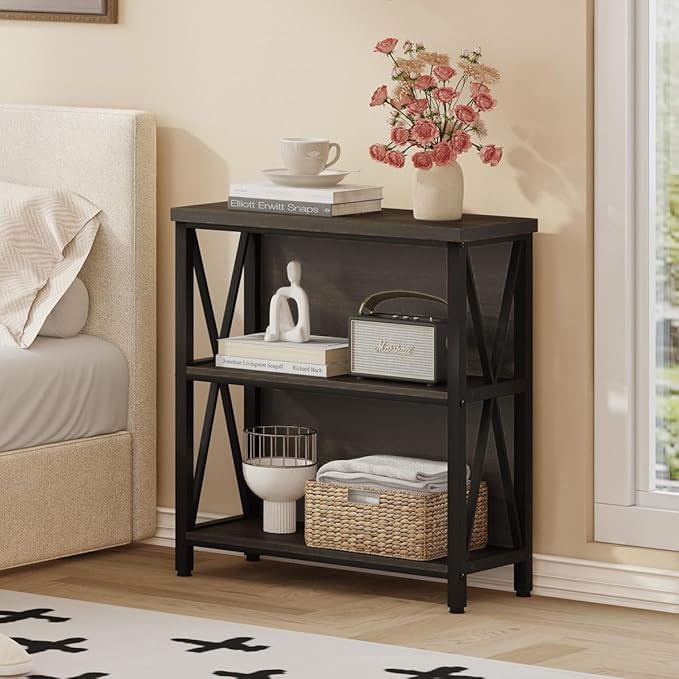 FATORRI Rustic Small Bookshelf for Small Space, Industrial Short Wood Bookcase, Farmhouse Low Book Shelf, 3 Tier Narrow Bookshelf for Living Room, Home Office, Hallway (Walnut Brown)