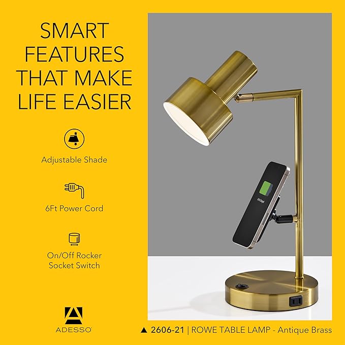 Adesso Supercharger Lamp with USB-A, USB-C, AC Outlet & Wireless Charging Pad – Antique Brass Desk Lamp with Adjustable Shade and Power Station Base for Home, Office, or Dorm