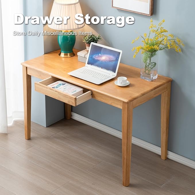 Solid Wood Desk with Drawer, Wooden Home Office Desk for Work, Student Computer Desk for Small Spaces, Gaming Study PC Desk for Bedroom, Easy to Assemble (Teak Color 39 inch)