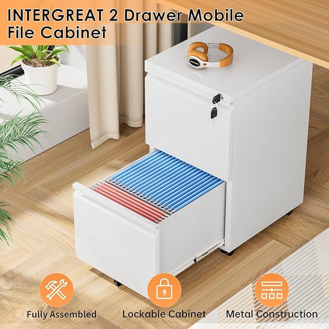 2 Drawer Mobile File Cabinet, Metal Rolling Filing Cabinet with Lock for Home Office, Under Desk Small Cabinet with Wheels Fit A4/ Legal/Letter, White