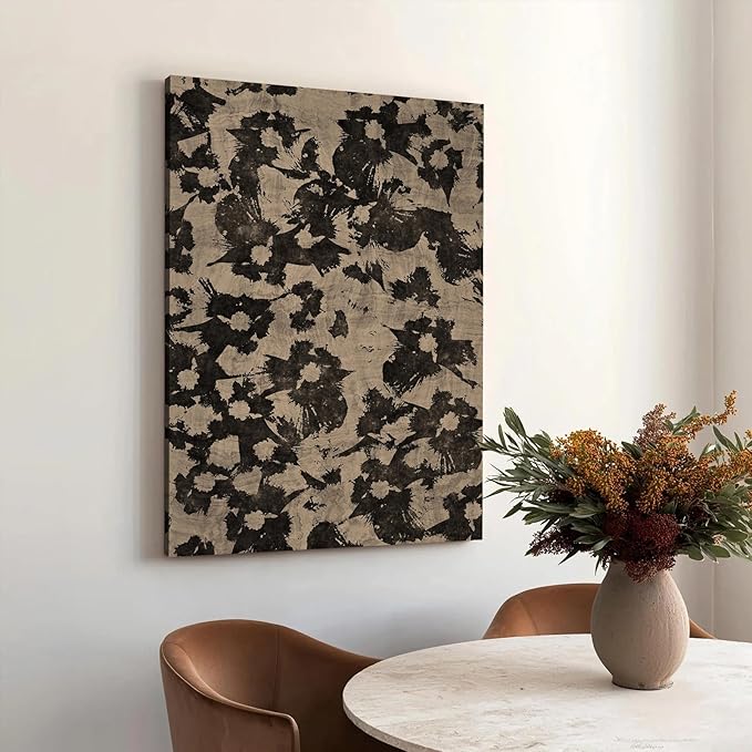 Framed Abstract Canvas Wall Art Neutral Abstract Floral Print Vintage Minimalist Modern Neutral Botanical Wall Art Hand Painted Black Blooming Flowers Artwork for Living Room Bedroom, Ready to Hang
