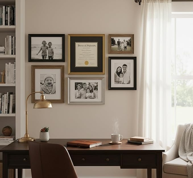 Diploma Frame With Photo Opening Gold Bamboo Navy Blue Over Gold Mat - Fits 14 x 11 Degree and Picture Made in the USA