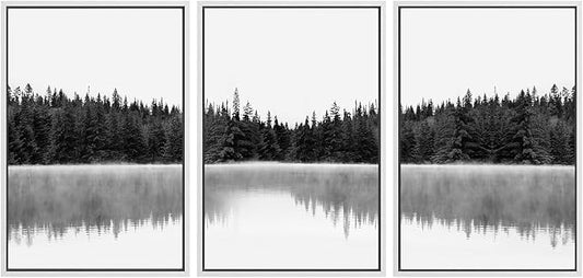 SIGNWIN 3 Piece Framed Canvas Wall Art Woodland Nursery Decor Black and White Forest with Lake Nature Abstract Traditional Home Artwork Decoration for Living Room,Bedroom - 16"x24"x3 White