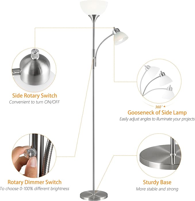 Floor Lamp, Dimmable Standing lamp, Stepless Dimming Brightness, Included 9W and 5W LED Bulbs, Industrial Floor Lamp for Living Room, Bedroom, Office, Reading