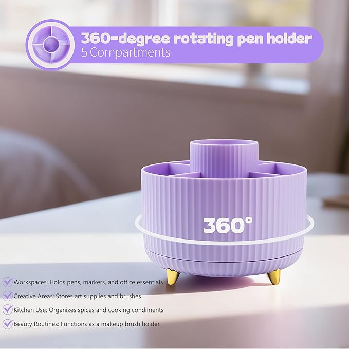 10pcs Purple Office Accessories for Women, Office Supplies Set, Desk Organizer with 360° Rotating Pen Holder, Stapler, Staple Remover, Tape Dispenser, Scissor, Ruler, Gift for Students, Office Clerks