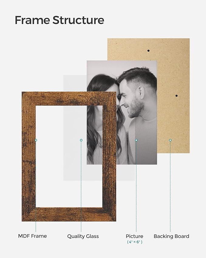 SONGMICS Collage Picture Frames, 4x6 for Wall Decor, Multi Family Photo for Gallery Decor, Hanging Display, Set of 4, Rustic Brown URPF025X01