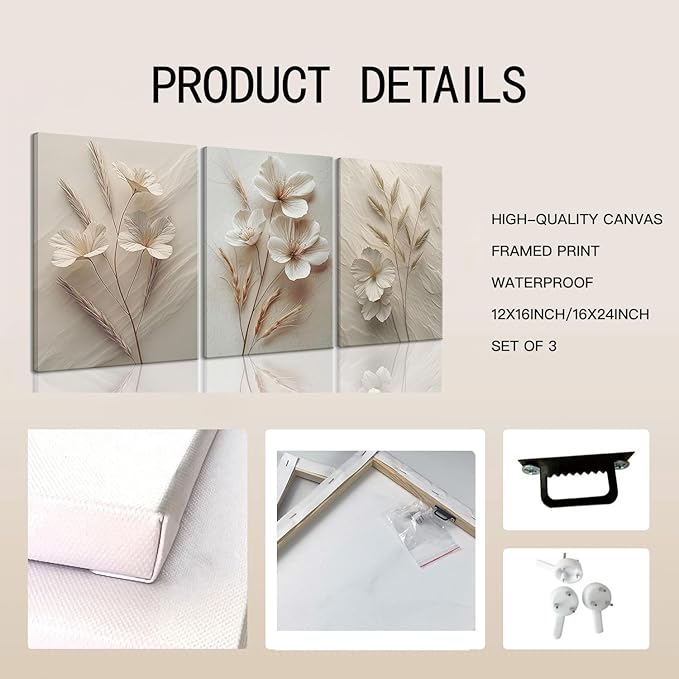 TUEASKY 3 Piece Canvas Wall Art Flower Wall Decor Beige Pictures Botanical Paintings Floral Prints Artwork for Living Room Bedroom