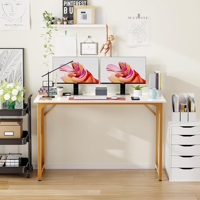 Computer Desk, 48 Inch Office Desk with Metal Frame, Home Office Desk, Modern Simple Style for Home Office, Living Room, Bedroom, White Gold