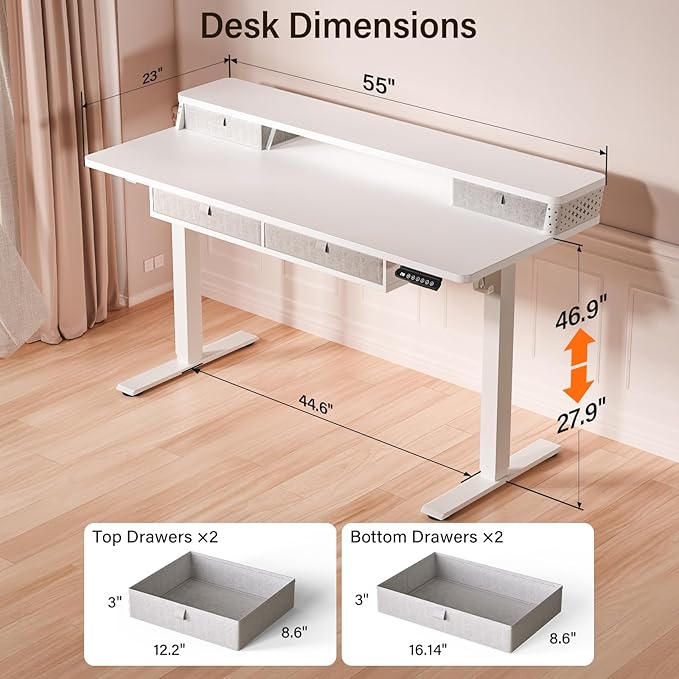 Kingant 55 x 24 Inch Electric Standing Desk with 4 Drawers, Height Adjustable Sit to Stand Computer Desk with Storage Shelf and C-Clamp Mount Compatibility for Home Office, White