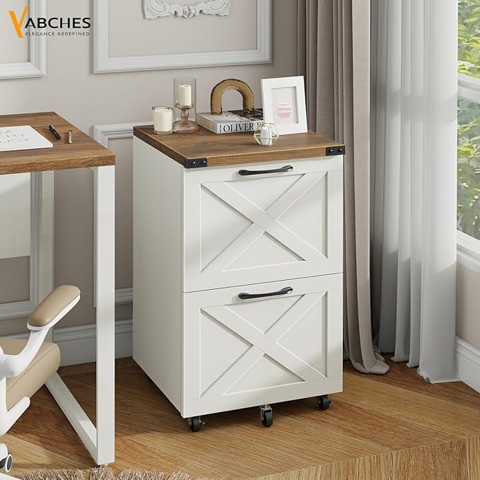 Vabches Farmhouse File Cabinet with 2 Drawers, Vertical Filing Cabinet on Wheels for Letter/A4 Size Hanging Files, Mobile File Cabinets Printer Stand for Home Office, Rustic White