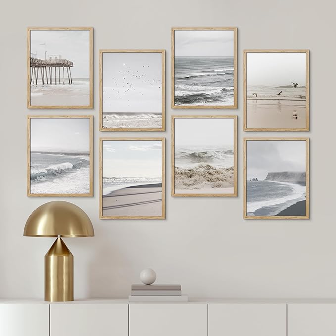 SIGNWIN Framed Poster Wall Art Set of Ocean Beach Seashore Coastals, White Minimalist California Ocean Beach Seashore Pier Nature Wilderness for Living Room, Bedroom, Office - 12"x16"x 8 Natural