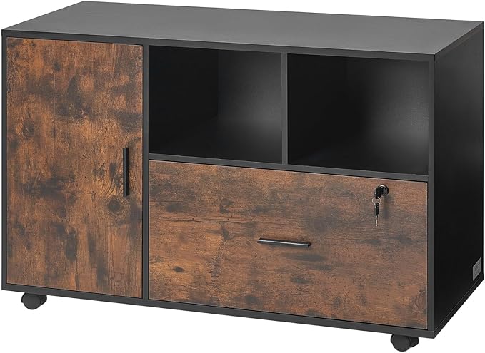 VEVOR Wood File Cabinet, Mobile Filing Cabinet with Open Shelves, Lockable Lateral Rolling File Storage with Adjustable Shelves, Free Standing Printer Stand for Home, Office, School, Rustic Brown