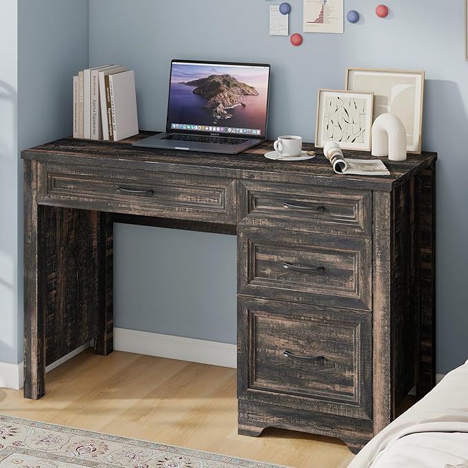 Farmhouse Executive Desk with Drawers, Wood Computer Desk with Ample File Drawer, Rustic Home Office Desk with Storage for Bedroom, Living Room, Dark Oak