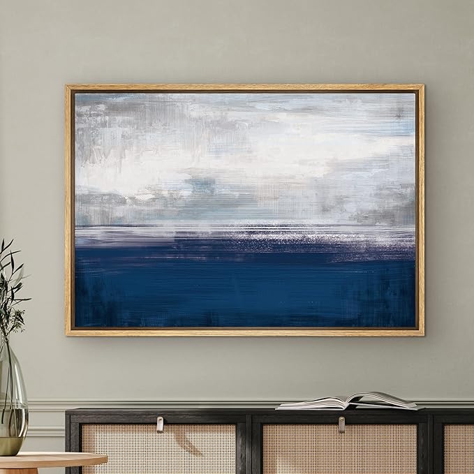 SIGNWIN Framed Canvas Wall Art White Clouds Over The Navy Blue Sea Coastal Ocean Oil Painting Abstract Modern Closeup Relax/Calm for Living Room, Bedroom, Office - 24"x36" Natural