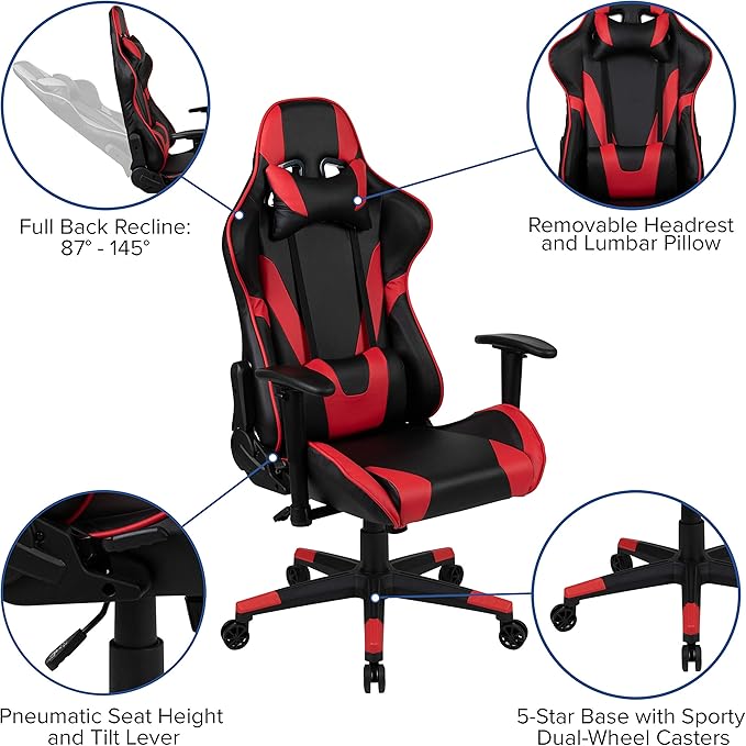 Flash Furniture X20 Fully Reclining LeatherSoft Racing Style Gaming Chair with and Lumbar Pillows, Ergonomic Padded Swivel Computer Chair, Red/Black