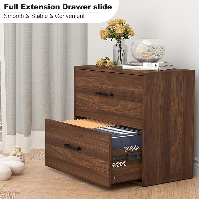 2 Drawer File Cabinet, Wood Lateral Filing Cabinets, Wide Office File Cabinet with Drawer for Hanging Files/Letter Size Printer Stand for Home Office School, Assembly Required, Walnut