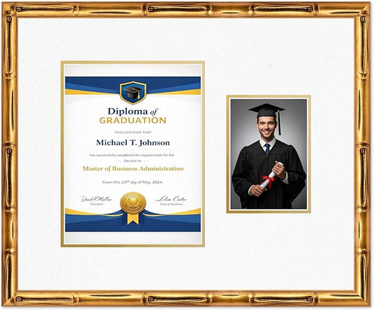 Diploma Frame With Photo Opening Gold Bamboo Oyster Shell Over Gold Mat - Fits 8.5 x 11 Degree and Picture Made in the USA