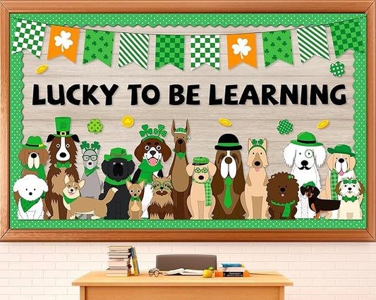 St. Patrick's Day Bulletin Board Set Pet Dog Learning Classroom Decoration Lucky Shamrock Gold Coin Paper Cutouts for St. Patrick's School Chalkboard Wall Decor Party Supplies