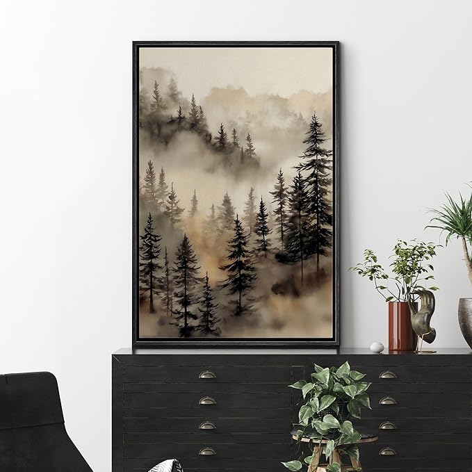 MUDECOR Framed Canvas Print Wall Art Misty Forest Landscape Watercolor Illustrations Minimalism Decorative Relax Colorful for Living Room, Bedroom, Office - 16"x24" Black