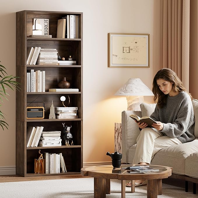 YESHOMY Industrial 6 Tier Bookcase, 71" Tall Brown Bookshelves Open Frame, Basic Floor Standing Bookcases & Bookshelf for Home Office, Living Room, Bed Room