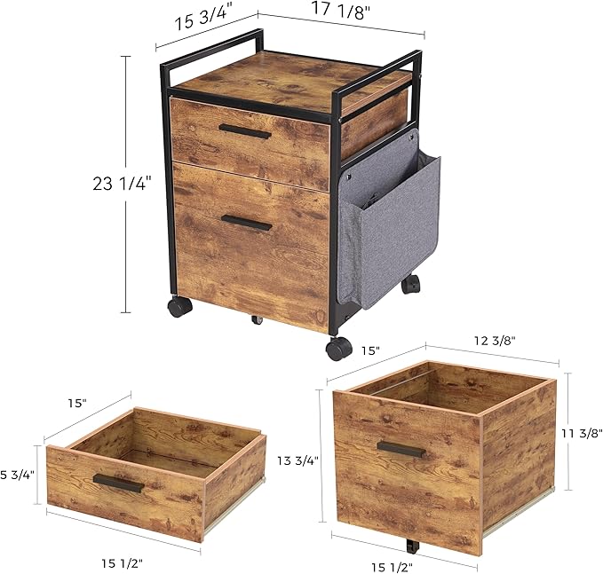 EUREKA ERGONOMIC 2-Drawer Mobile File Cabinet with Wheels, Solid Wood Rolling Storage Cabinet for Home Office, Space-Saving Under Desk Organization with Printer Stand, Rustic Brown