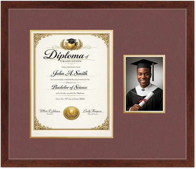 CountryArtHouse Fits 10 x 13 College Diploma (Portrait Traditional) and 5 x 7 Diploma and Photo Frame Rustic Walnut Genuine Hardwood with Dark Red Over Metallic Gold Double mat