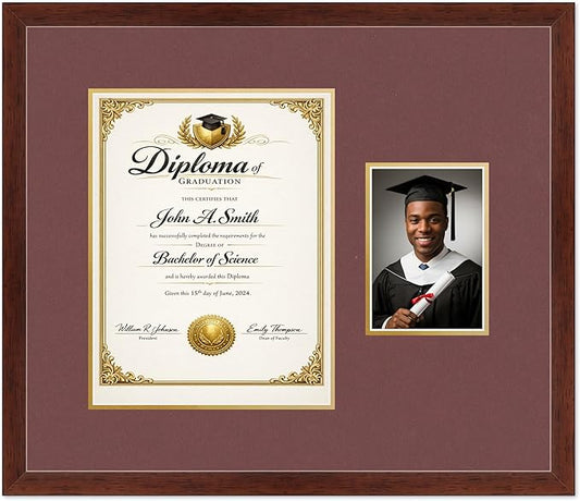 CountryArtHouse Fits 10 x 13 College Diploma (Portrait Traditional) and 5 x 7 Diploma and Photo Frame Rustic Walnut Genuine Hardwood with Dark Red Over Metallic Gold Double mat