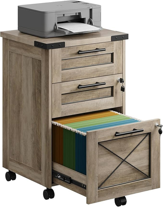 DEVAISE 3-Drawer File Cabinet with Hanging Files, Mobile Rolling Storage Cabinet for Home Office, Printer Stand, Farmhouse Style, Gray Oak