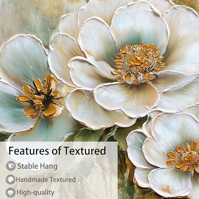 Arjun Vintage Wall Art Canvas Flower for Living Room, Rustic Floral Painting Bedroom, Teal Gold Textured Picture Framed Artwork Dining Room Kitchen Home Office Wall Decor, Large 48"x24"