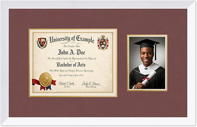 CountryArtHouse Fits 11 x 8.5 US Letter Certificate and 5 x 7 Photo Diploma and Photo Frame Bright White Genuine Hardwood with Dark Red Over Metallic Gold Double mat