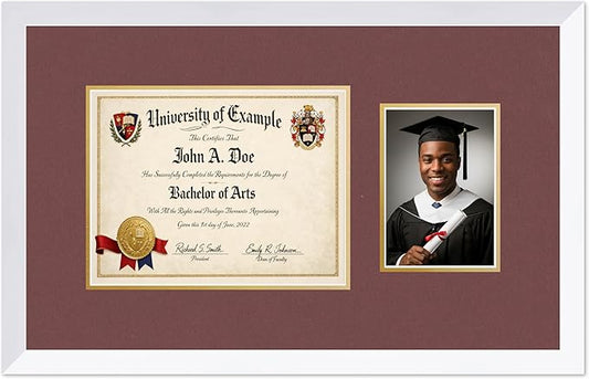 CountryArtHouse Fits 11 x 8.5 US Letter Certificate and 5 x 7 Photo Diploma and Photo Frame Bright White Genuine Hardwood with Dark Red Over Metallic Gold Double mat