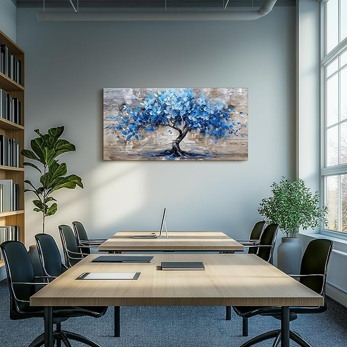 SERIMINO Tree of Life Wall Art Large Artwork, Blue Tree Abstract Wall Paintings, Nature Plant Canvas Art Prints, Modern Neutral Pictures Wall Decor Living Room Bedroom Office Meeting Room 24"X48"