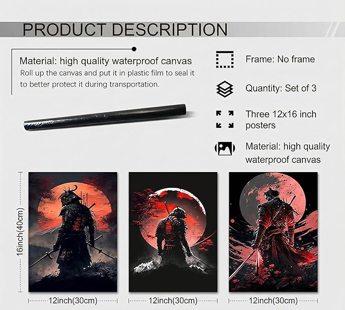 3pcs Japan Samurai Canvas Wall Art Japanese Bushido Posters Prints Paintings Japanese Style Full Moon Ninja Wall Decor Pictures for Living Room Bedroom Home Artwork Decoration Unframed