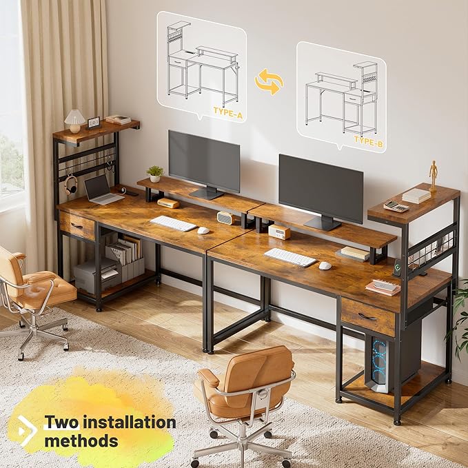 EnHomee 40" Computer Desk with Power Outlets & LED Lights, Gaming Desk with Drawer & Storage Shelves, Reversible Home Office Desk with Monitor Stand, for Living, Study Room, Gaming Room, Rustic Brown