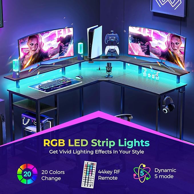 Rolanstar L Shaped Gaming Desk with LED Lights & Power Outlets, 53" Computer Desk with Full Monitor Stand & Storage Shelf, Corner Desk with Hooks, Carbon Fiber Desk Reversible