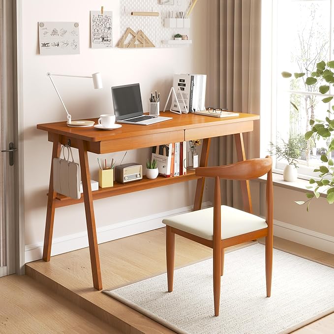 Solid Wood Desk with Drawers - 47.2 Inch Mid Century Modern Desks, Writing Desk with Drawers & Storage Shelf, Home Office Computer Desks for Bedroom & Home, Walnut Color