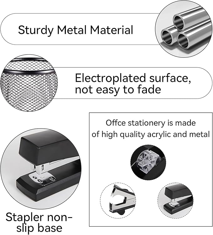 Black Desk Accessories, Office Supplies Set with Stapler, Tape Dispenser, Staple Remover, Pen Holder, Scissor, Binder/Paper Clips, Ballpoint Pen, Clear Tape and 1000pcs Staples