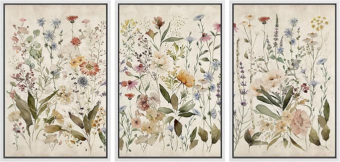 MUDECOR Framed Wall Art Print Set Blooming Wildflowers Illustrations Modern Art Decorative Colorful Chic for Living Room, Bedroom, Office - 16"x24"x3 White