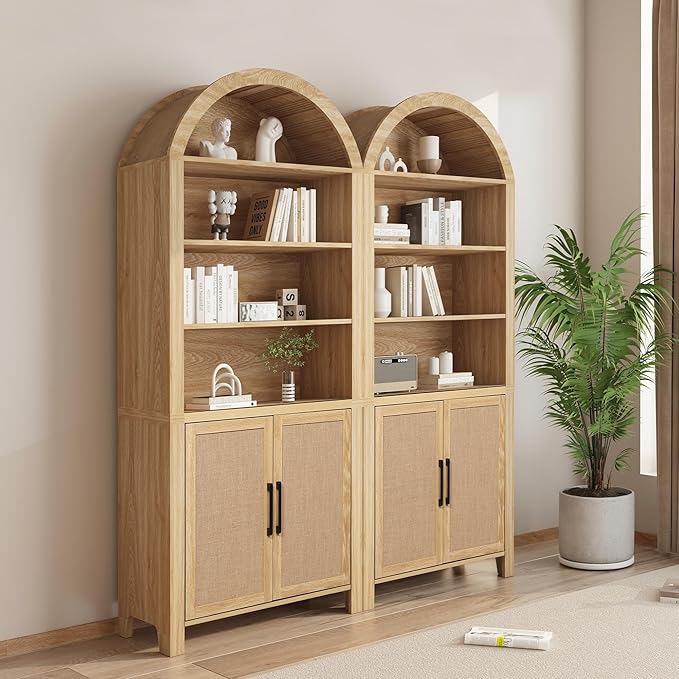 71" Tall Arched Bookcase with Storage, Mid-Century Modern 6-Tier Curved Cabinet with Door, Arched Bookshelf Cabinet with Open Display Storage Shelf for Office Living Room (Natural)