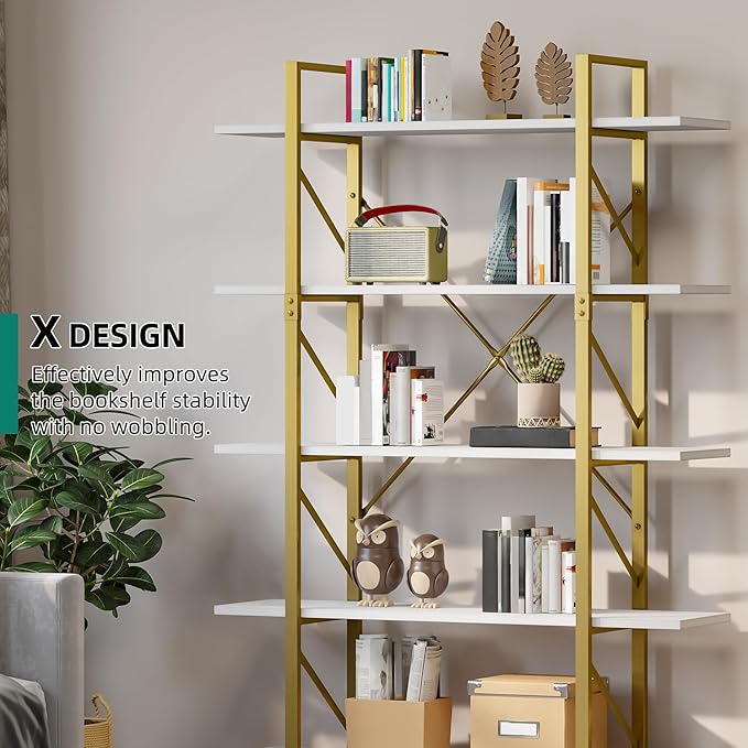 YITAHOME 5 Tier Gold Bookshelf, 70.9" Tall Modern Wide Bookcase, Open Storage Rack Shelves in Living Room/Bedroom/Home/Office, Books Holder Organizer for Books/Plants, Gold & White