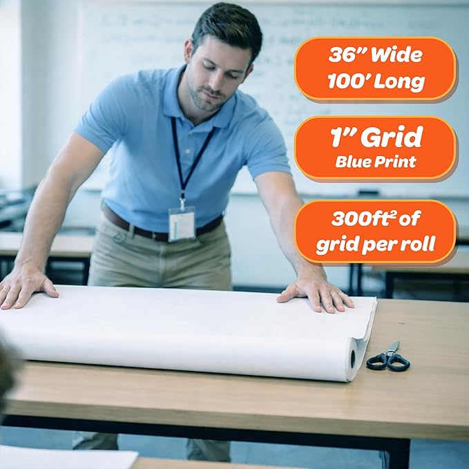 Geyer Instructional 1 Inch Graph Paper Roll – 36” x 100’ Blue Grid, Large Format Blueprint Paper, 24 lb Bond for Classroom, STEM, Math & Design Projects