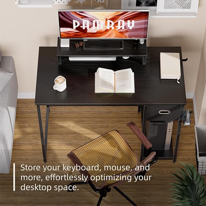 Pamray 39 Inch Computer Desk with Monitor Stand Small Home Office Desks with Non-Woven Storage Drawer for Bedroom Study Table Writing and Work Desk White Marble