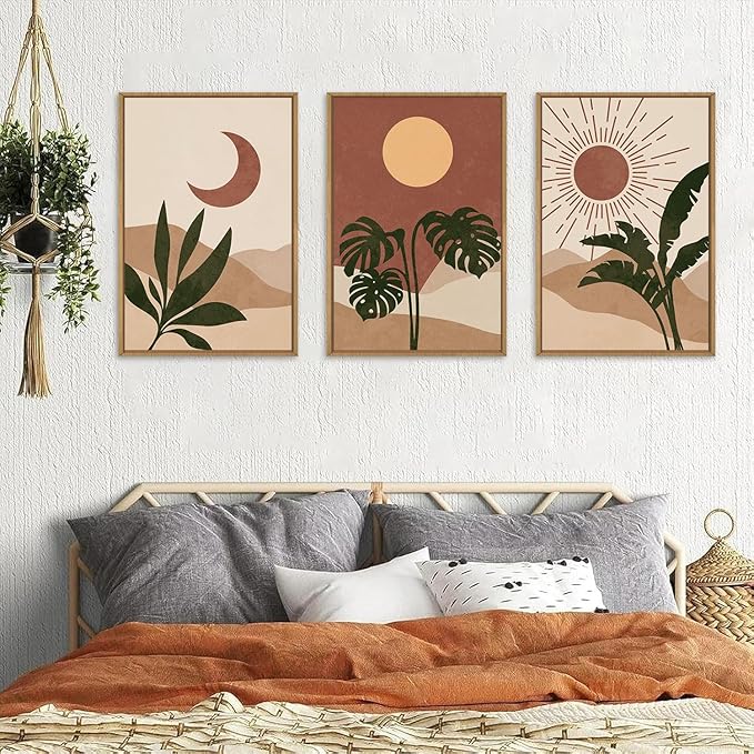 KAIRNE Mid-Century Modern Wall Art Set of 3, Boho Sun and Moon Wall Decor, Bohemian Abstract Botanical Wall Painting, Modern Nature Art Prints for Living Room, Bedroom, Office - 24"x36"