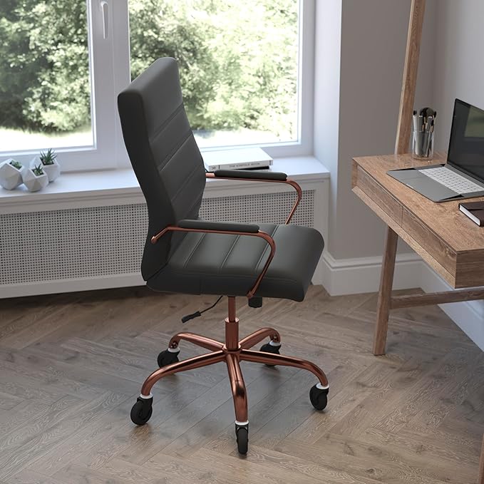 Flash Furniture Whitney High Back Black LeatherSoft Executive Swivel Office Chair with Rose Gold Frame, Arms, and Transparent Roller Wheels