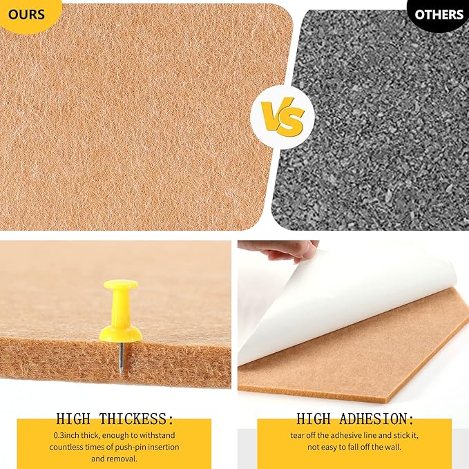 12" Large Bulletin Board with 30 Push Pins, Pack of 8 Hexagon Felt Pin Board Notice Boards for Home Office, Felt Wall Tiles for Photos Memos (Brown)