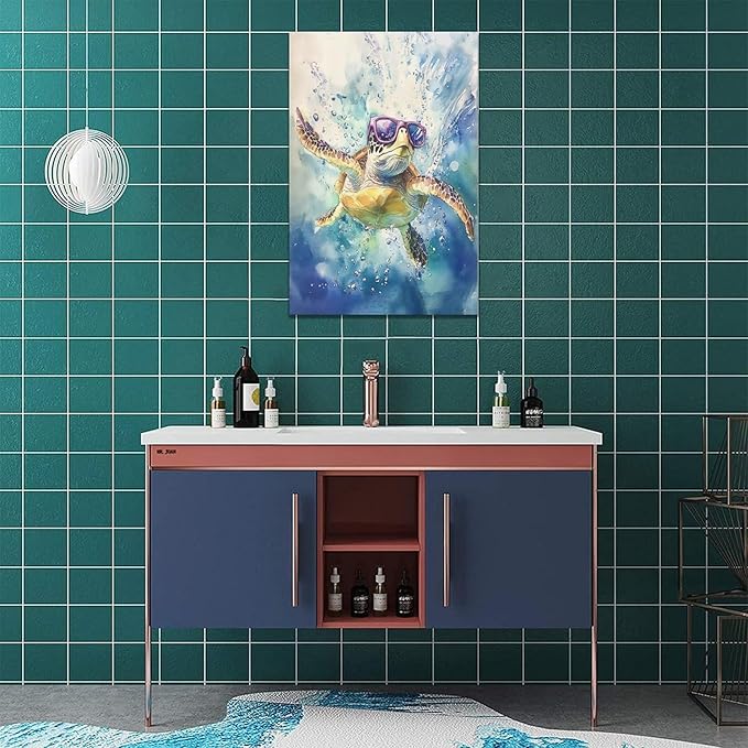Sea Turtle Bathroom Decor Funny Turtle Ocean Bathroom Wall Art Sea Turtle Nautical Pictures Prints Turtles Gift Painting Sea Turtles Framed Artwork for Bedroom Living Room 16"x24"